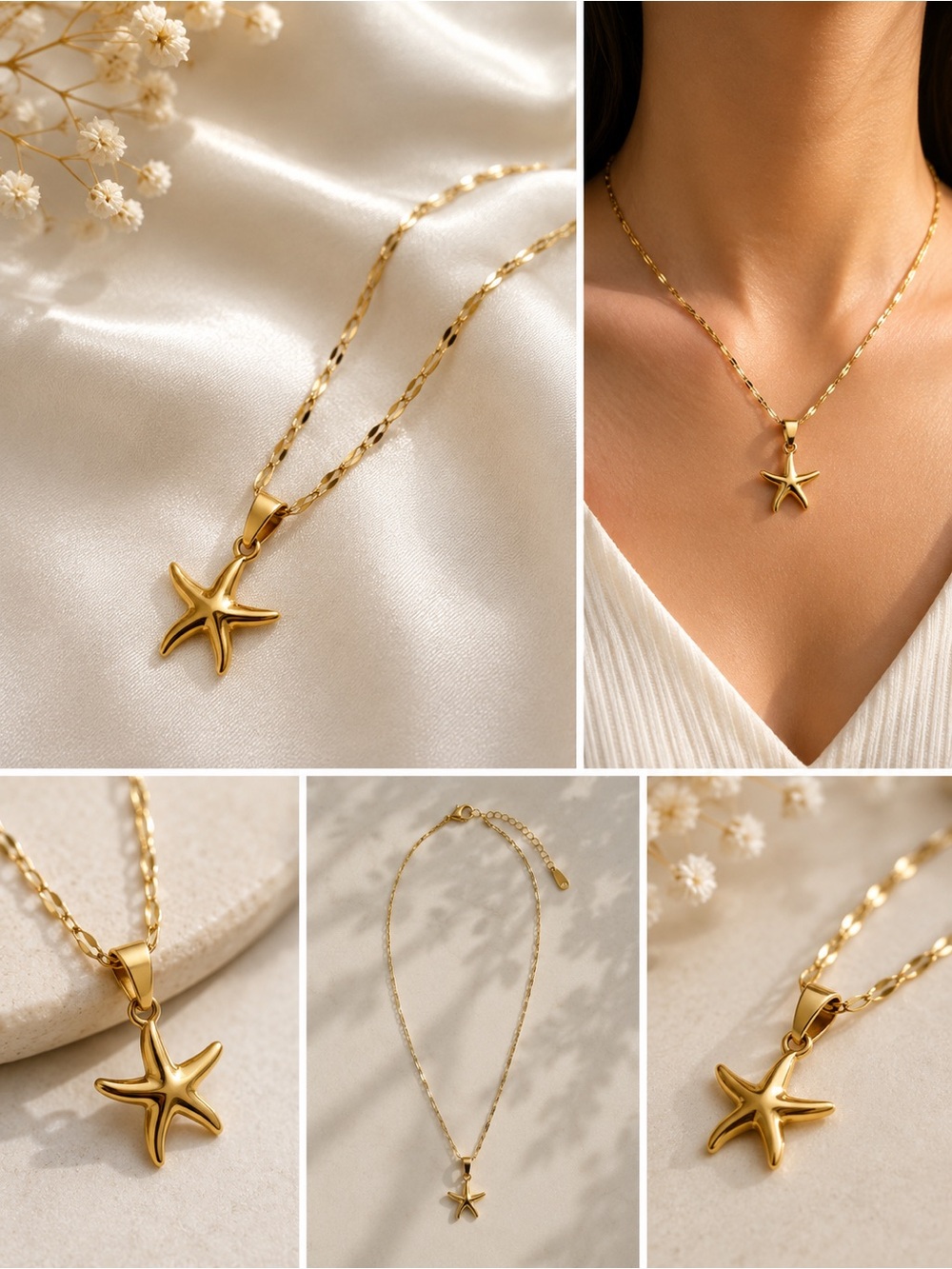 Gold Stainless Steel Starfish Pendant Necklace - Women Jewelry